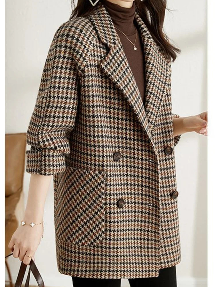 EWQ Check Long Sleeve Double Breasted Doublefaced Woolen Blazer Coat Office Lady Suit Jacket Winter Autumn 16O2707 241209