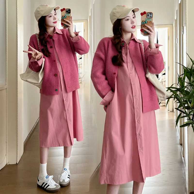 Korean Sle Pregnant Woman Long Sleeve Turn-down Collar Single-breasted Shirts Dress Materni Clothes Pregnancy Cotton DressesXJ241213