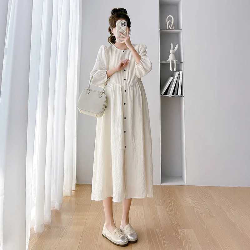 2025 spring materni fashion loose dress long sleeve o-neck plus size pregnant woman a-line dress button fly pregnancy clothesXJ241213
