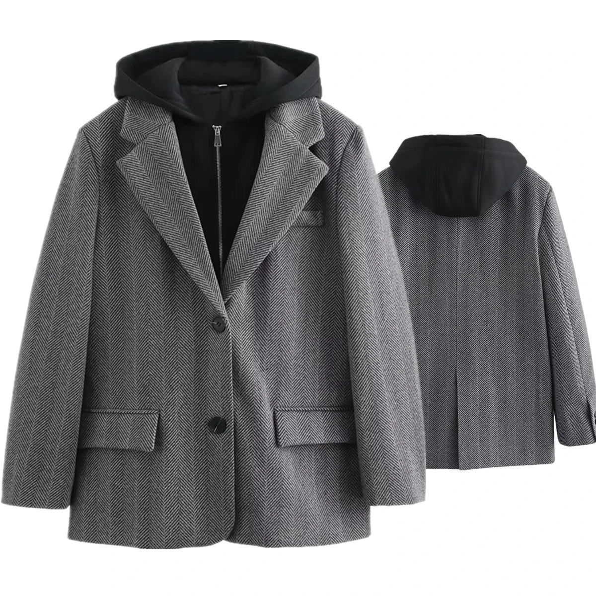Dave Di Autumn And Winter French Minimalist Gray Texture Hooded Patchwork Jacket Retro Casual Suit Blazers Women 241209