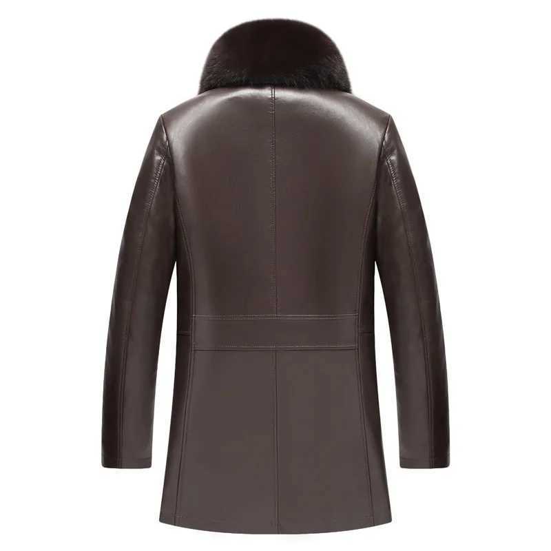 Medium length real leather jacket real mink lined coat winter mens clothing casual silver fox fur collar coat vest W241213