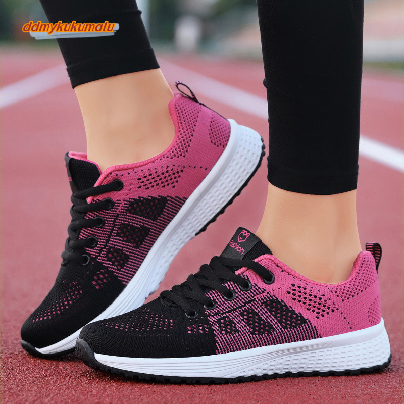Casual Breathable Walking Mesh Lace Up Flat Shoes Sneakers Women Tenis Feminino Pink Black White #30 ddmykukumalu