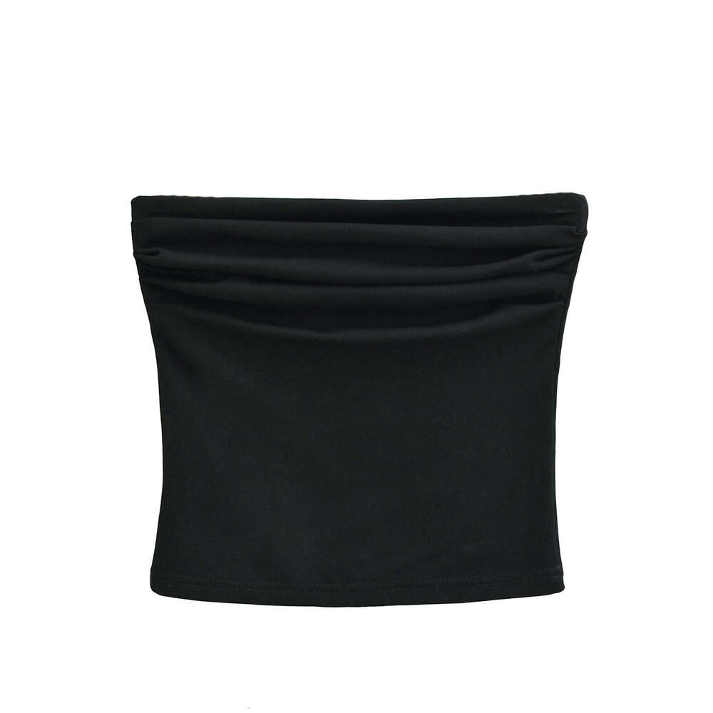 Spicy girl sexy pleated slim fit with a one neck chest hing vest, women's elastic tight short sleeved strapless vest top, 2024 versatile new tren