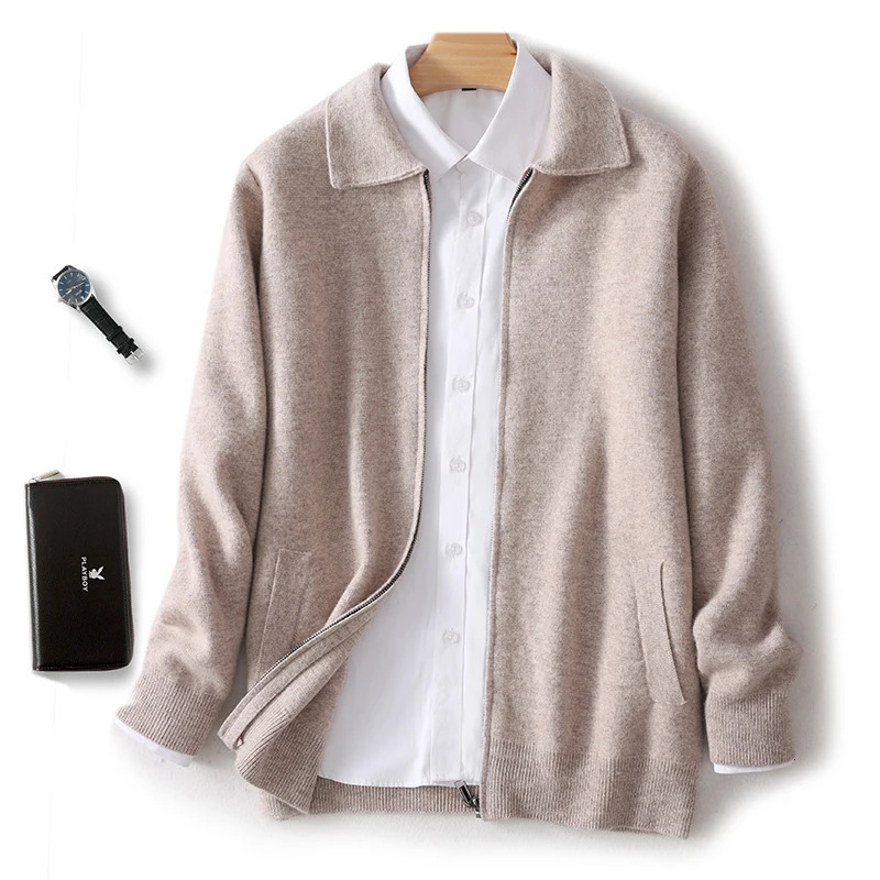 Autumn Winter 100% High Quality Wool Cardigan Mens Lapel Thick Zipper Casual Sweater Large Size Cashmere Knit Jacket Men Tops 241209