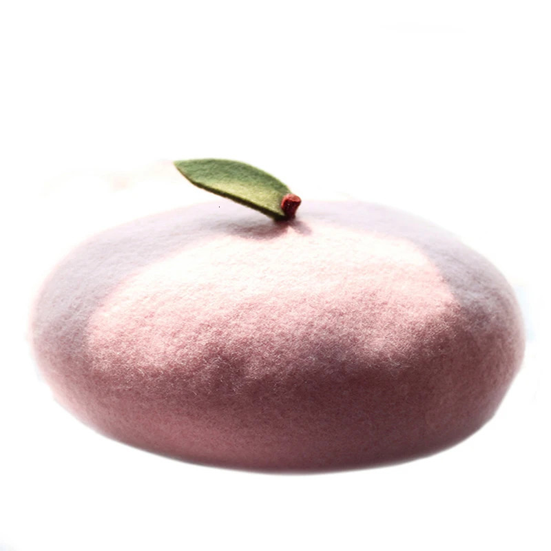 Fresh and lovely fruit girl soft painted hat wool felt orange pink gift green leaves handmade warm ladies beret 241210