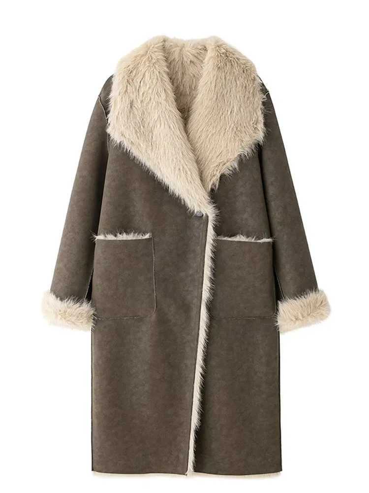 Soft Lapel Collar Warm Double Sided Wear Long Faux Fur Jacket Fashion One Buttons Pocket Overcoat New Winter Woman Commuter Wear X241214
