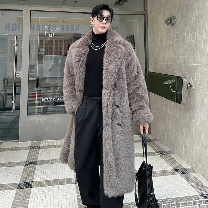 PFHQ Mens Faux Fur Overcoats Korean Style Turn-down Collar Solid Color Breasted Casual Male Thick Loose Male Windbreaker 9C8840 W241213