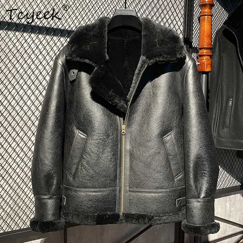 Tcyeek Real Sheepskin Fur Coat Mens Fashion Motorcycle Jacket Leather Jacket Winter Clothing Warm Mens Natural Fur Coat W241213