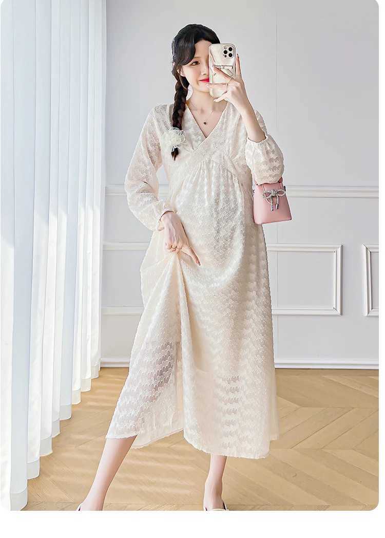 Materni Chiffon Dress Long Lantern Sleeve O-Neck High Waist Pregnancy Elegant Dress Solid Color Pregnant Woman Tassel DressesXJ241213
