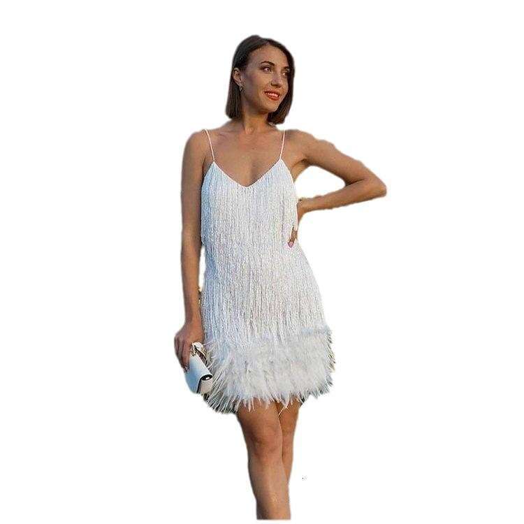 Fashionable Tassel Sequin Multi-Color Birthday Party Sexy V-Neck Suspender Feather Patchwork Dress