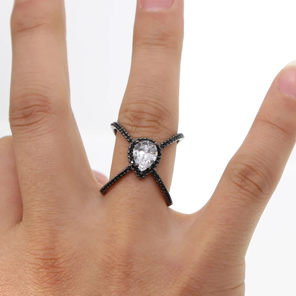 black gold tear drop shape black cz color Cross classic wedding engagement big stone women full finger ring ladies gift 241214