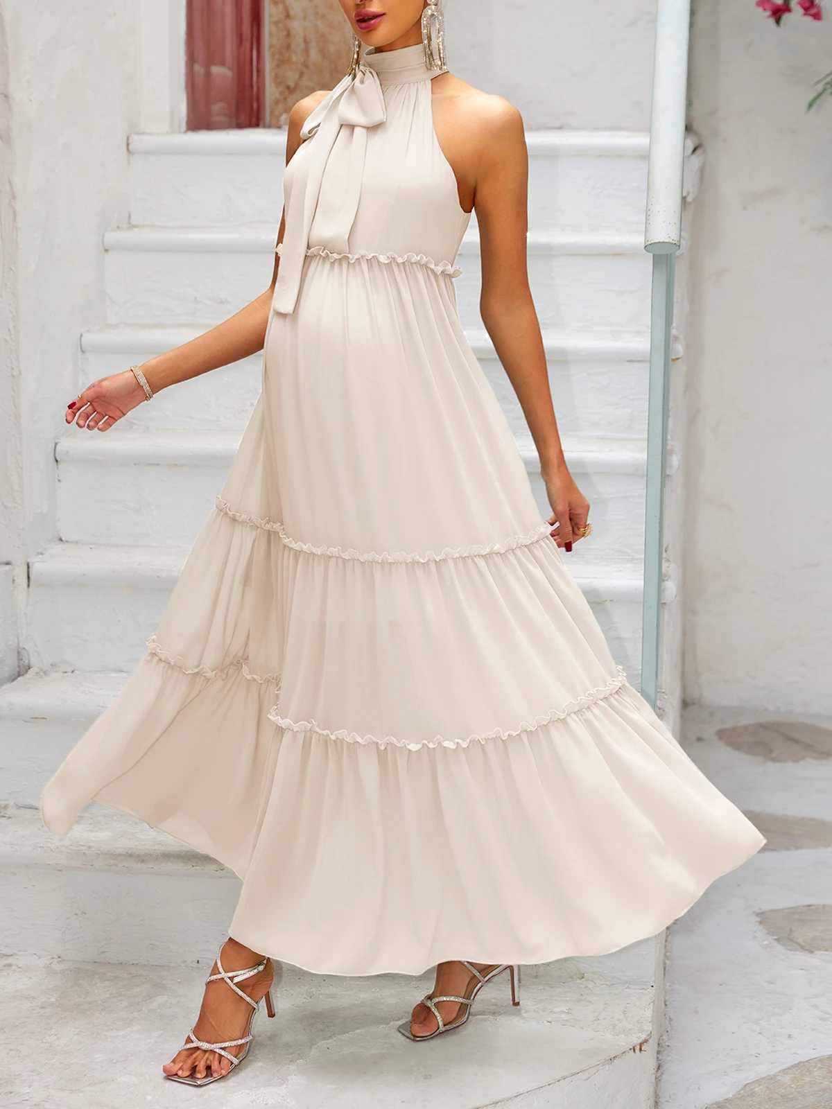 ItsRoya Chiffon O Neck Casual Materni Dress Loose Ruffle Pregnant Photography Props Dresses Sleeveless Women Dress With RibbonXJ241213