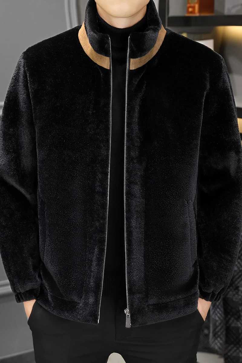 Winter mens faux fur leather jacket stand up collar zipper thick warm mink jacket fashionable casual business social jacket M-4XL W241213