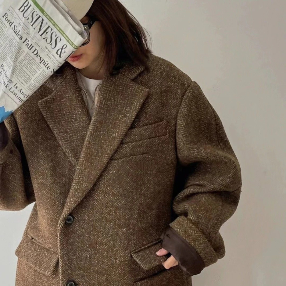 Womens Blazer Wool Blend Trench Woolen Pocket Jacket Fashion V Neck Long Sleeve Coat Female Fall Winter Chic Office Streetwear 241209