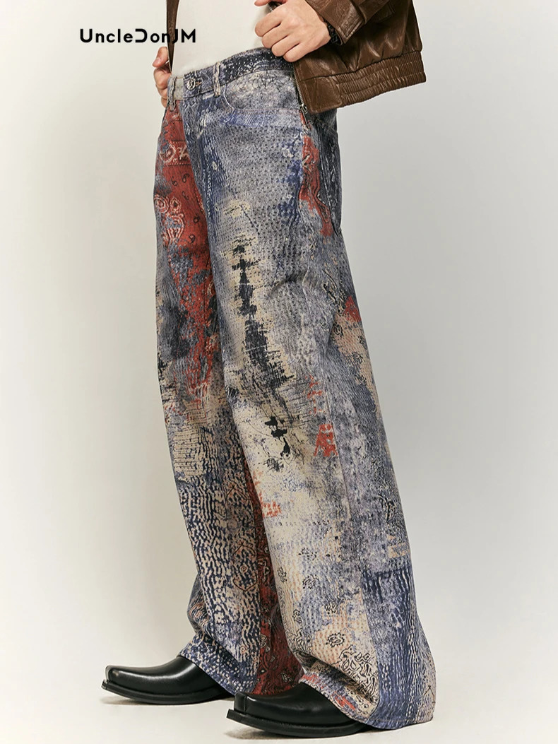 High Street Cashew Flower Digital Printed Denim Cargo Jeans Baggy Vintage Y2k Jeans 241213