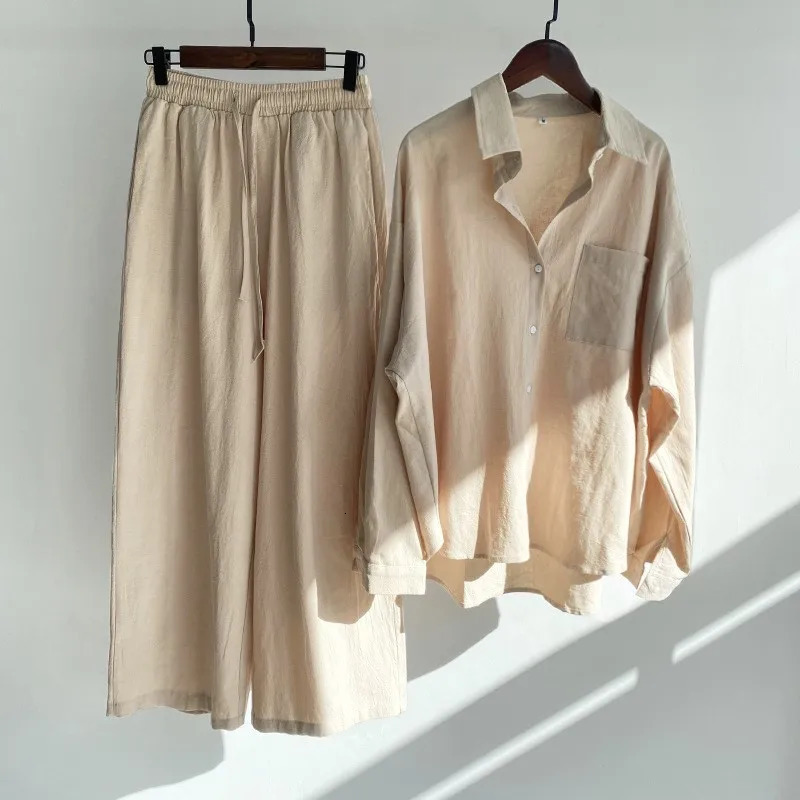 Loose Solid Color Cardigan Shirt Wide Leg Pants 2piece Set Of Retro Cotton Linen High Waist Long Outfit 241203