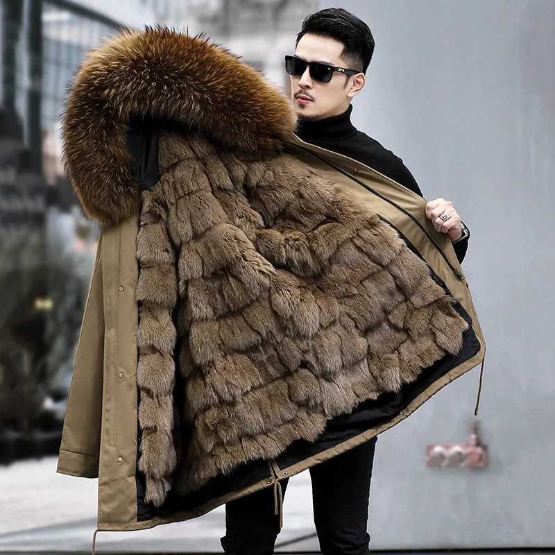Home>Products>Mens Thick Warm Parka Medium length Detachable Fox Fur Lining Raccoon Fur Collar Winter Fashion Fur Coat W241213