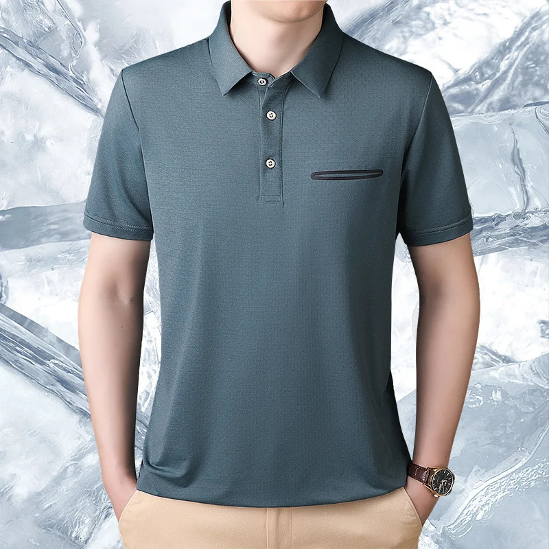 Simple Summer Solid Color Ice Silk Vertical Stripe POLO Shirt for Mens Loose Sports Polo Neck Short Sleeve Tshirt Top 241213
