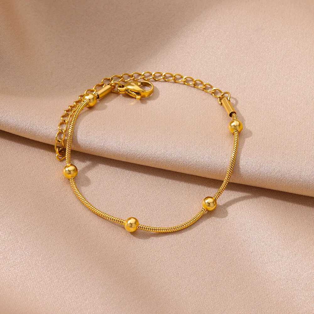 Stainl Steel Beaded Round Snake Chain Bracelets For Women Gold Color Geometric Bracelet Luxury Wedding Party Jewelry GiftXJ241214