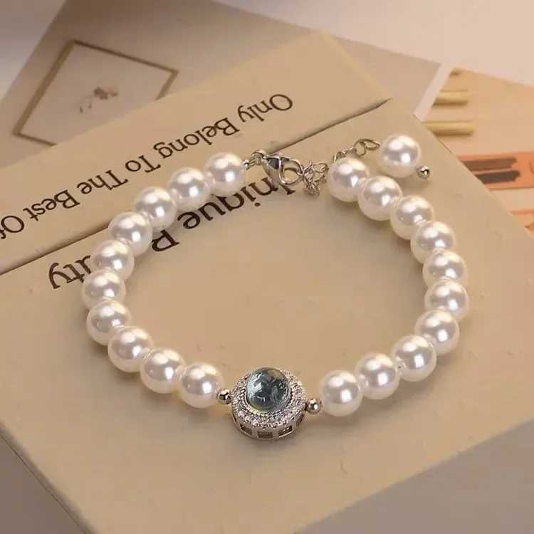 925 Sterling Silver Pearl Bracelet For Women French Luxury Designer Blue Crystal Charm Bracelets Fashion Party Wedding JewelryXJ241214