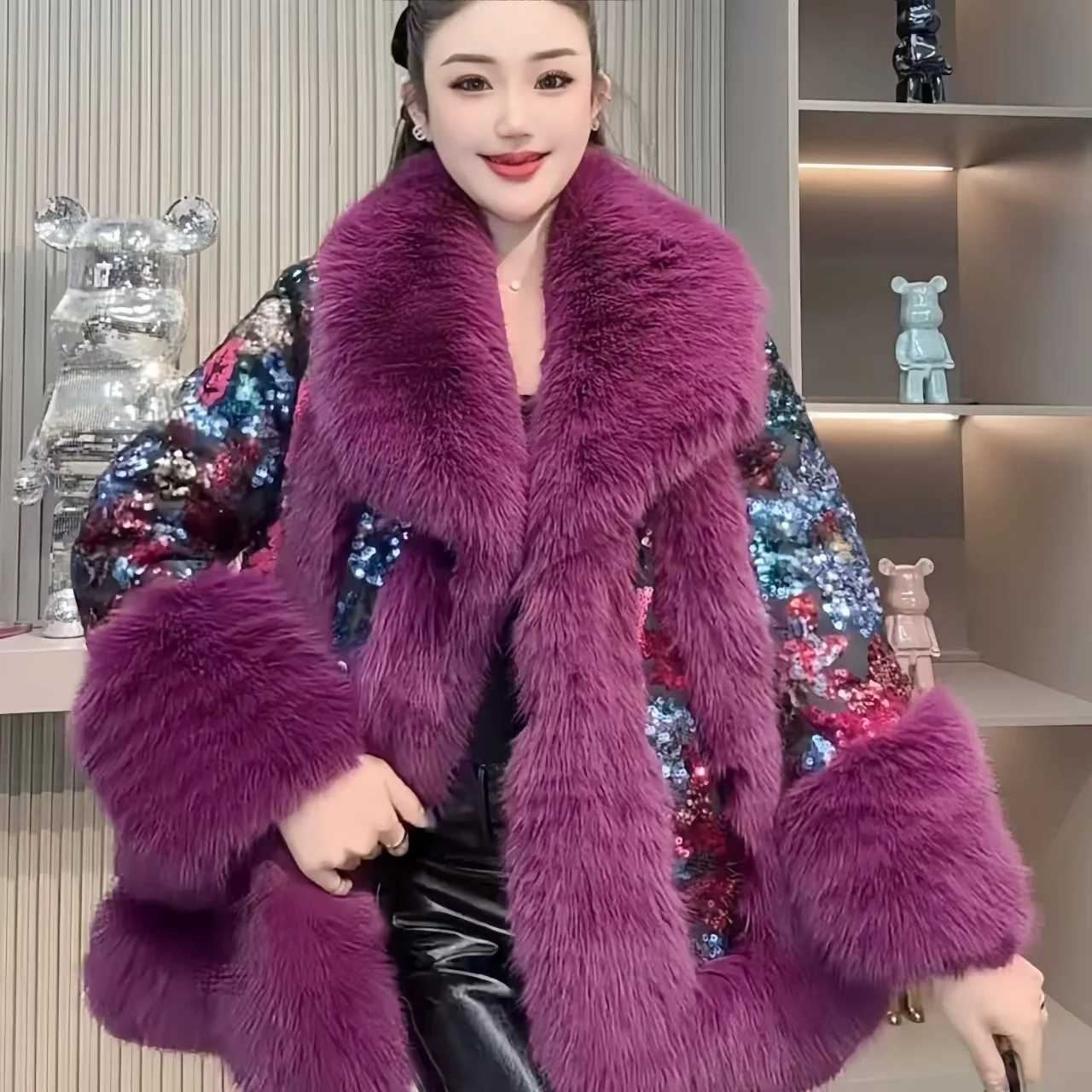 Womens faux fur coat fur collar jacket patchwork coat womens clothing luxury sequins new winter 2024 X241214