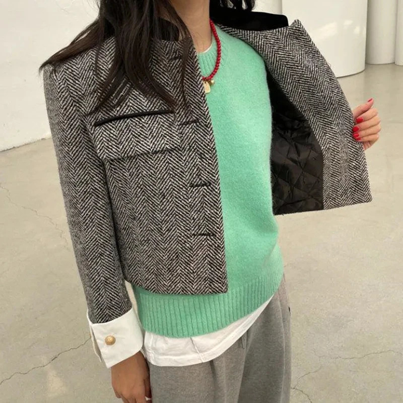 Biyaby Metal Button Stand Collar Jackets Womens Korean Pocket Plain Coat Womens Spring Long Sleeve Cut Jacket 241210