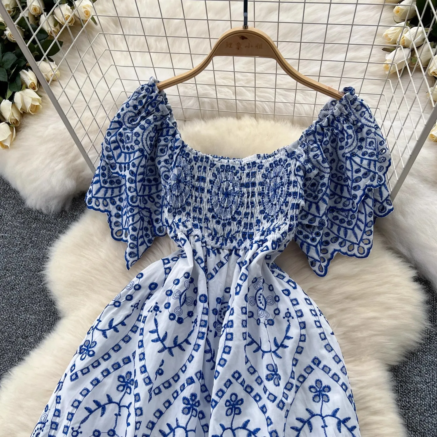 Basic Casual Dresses Summer Beach Holiday Embroidery Cotton Dress Women Butterfly Sleeve Sexy Slash Neck Blue White Porcelain Floral Backless Vestido 