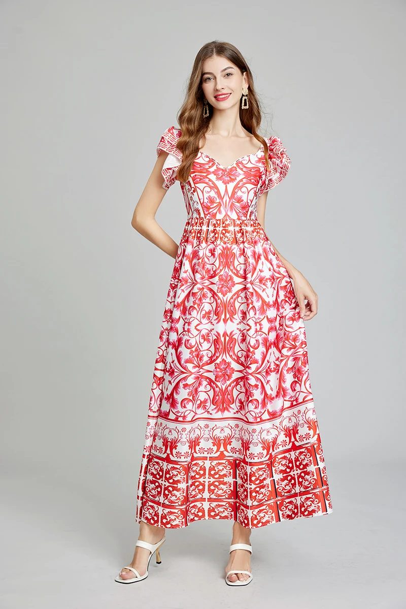 New Casual Summer Runway Summer Holiday Floral Maxi Dress Women Red White Porcelain Flare Ruffle Sleeve A Line Big Hem Long Beach Dresses 2025