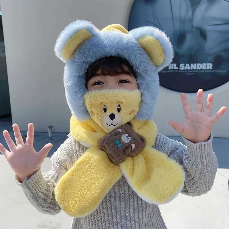 Winter childrens one-piece scarf cap+facial mask cute baby ear protective cap 1-6 year old childrens plush cross neck warm beans W241213