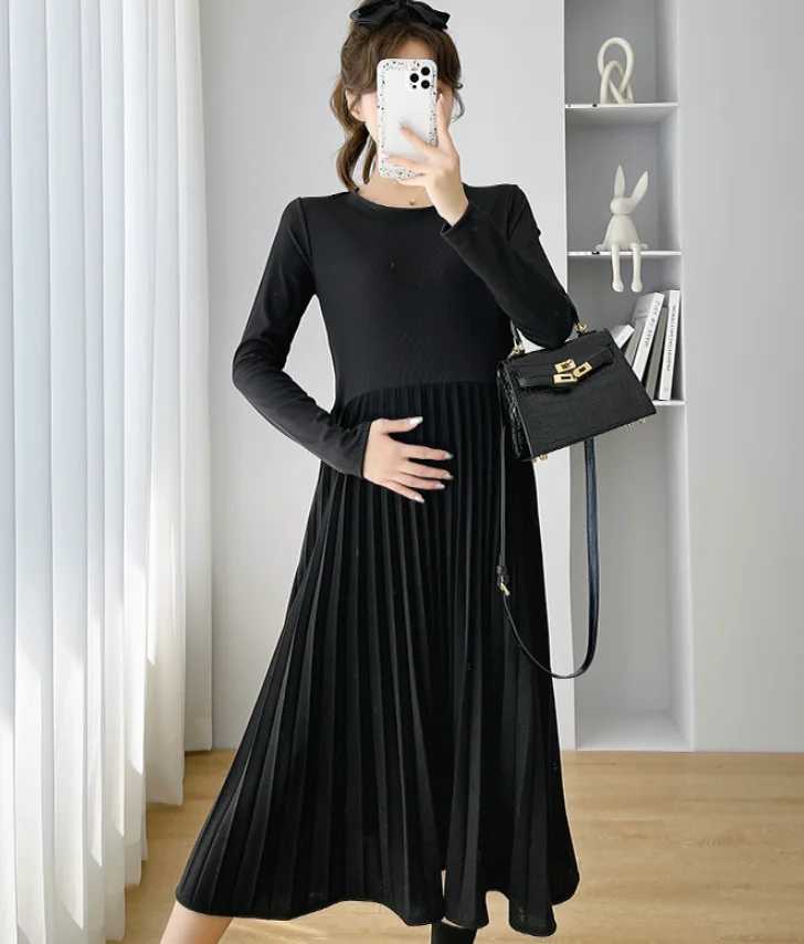 Korean Sle Autumn Pregnant Woman Pleated Dress Long Sleeve Turtleneck Fashion Materni Elegant Dress Pregnancy Evening DressXJ241213