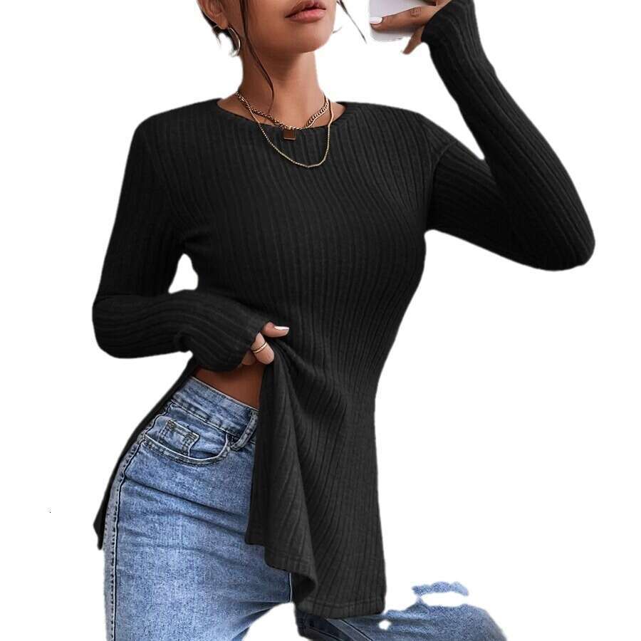 2023 autumn new hem double slit base slim fit pit stripe fleece T-shirt for women