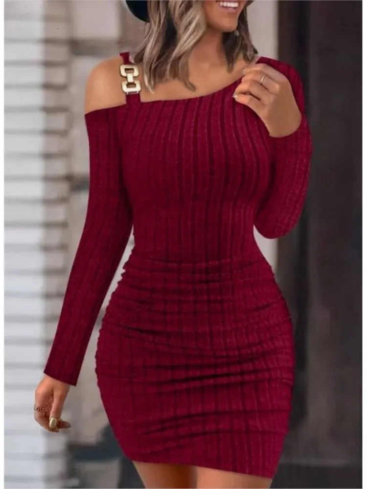 Sexy Chain Shoulder Mini Dress for Womens Autumn Fashion Bodycon Long Sleeve Winter Tight Knitted Tank Top 241212