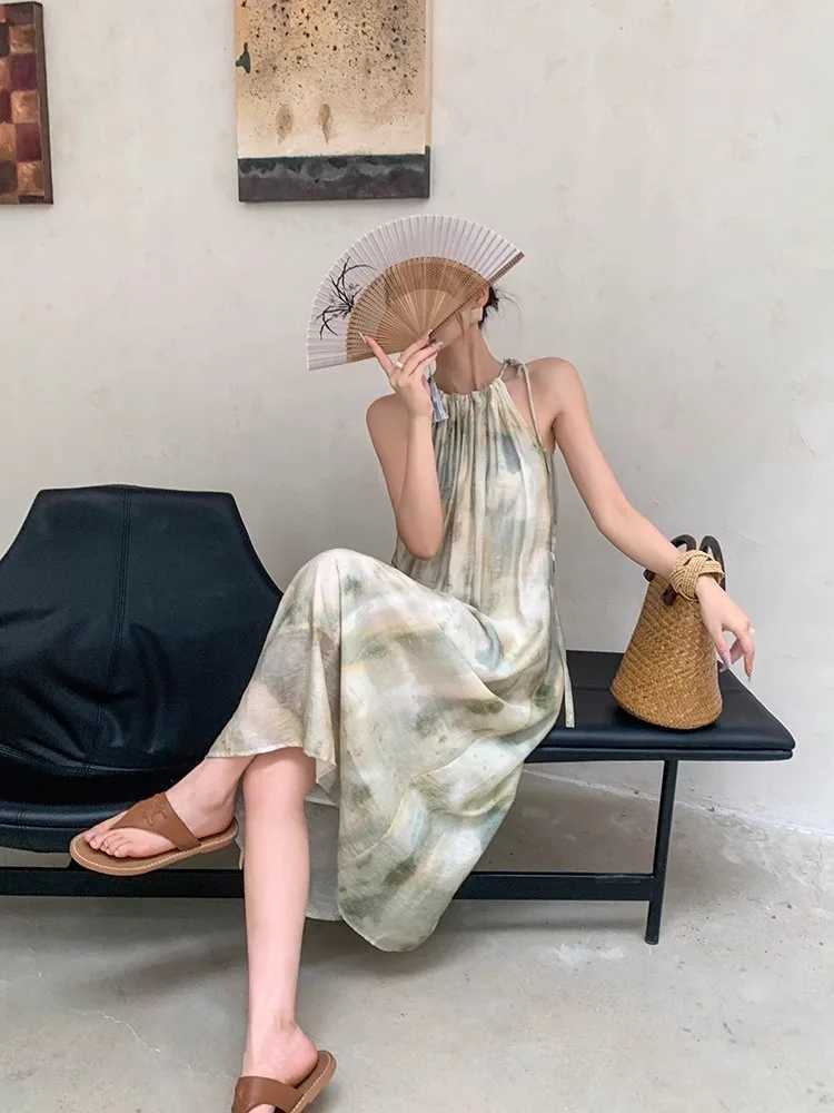 Summer Materni Maxi Dress Sleeveless Halter Collar Loose Casual Pregnant Woman Holiday Clothes Plus Size Pregnancy Beach DressXJ241213