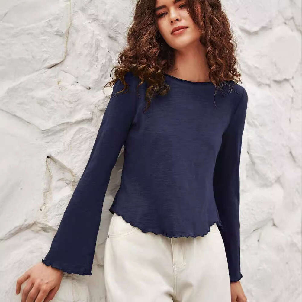 2024 early autumn top with European and American style round neck, black fungus edge flared sleeves, long sleeved knitted base shirt
