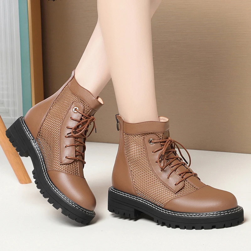 AIYUQI Women's Summer Boots Genuine Leather Lace-up Women's Shoes British Style Plus Size Women's Cool Boots