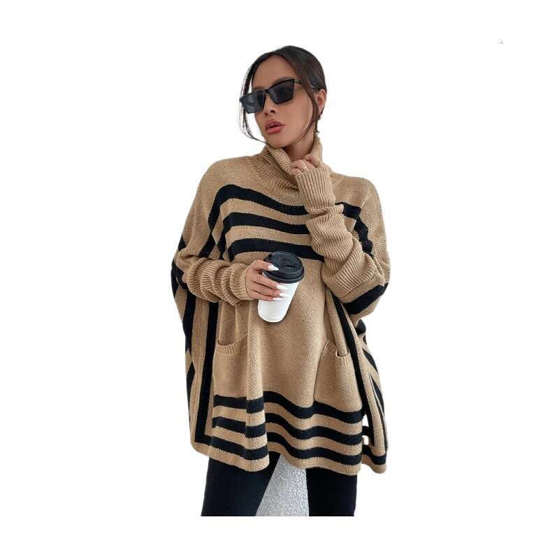 2024 European and American Foreign Trade Knitted Women's Wear High Collar Striped Bat Sleeve Cloak Shawl Sweater Coat for Women