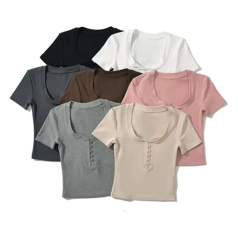 Spicy girl round neck half open button slim fit shoulder T-shirt for women's summer wear, tight fitting and slimming short sleeved top base shirt