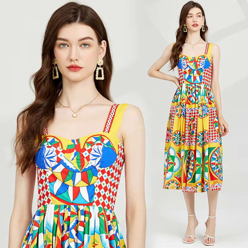 Casual Dresses Summer Bohemain Summer Fall Floral Vestidos Print Straps Sleeveless Ladies Casual Beach Holiday Sundress Midi Women Dress 2025