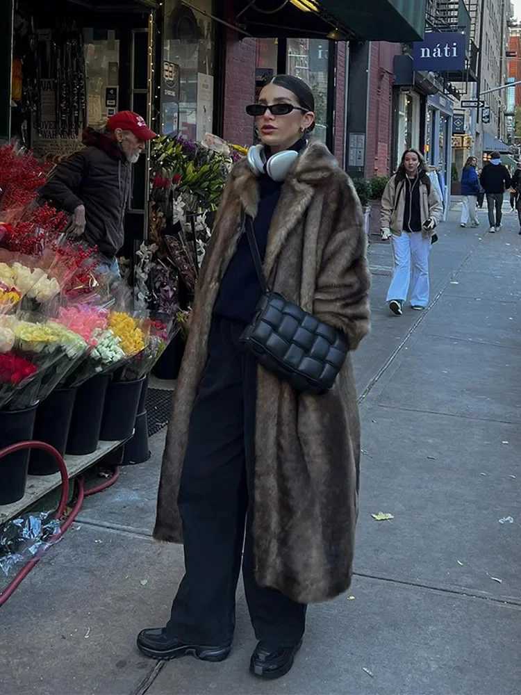 Womens Retro Luxury Long Faux Fur Coat Fashion Collar Long Sleeve Single Chest Jacket Winter Womens Fashion Strt Warm Top X241214