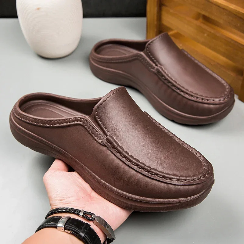 Mens Antiskid Driving Shoes Breathable Chef Casual Sandals Highquality Soft Soled Leather Outdoor Semi Slippers 241214