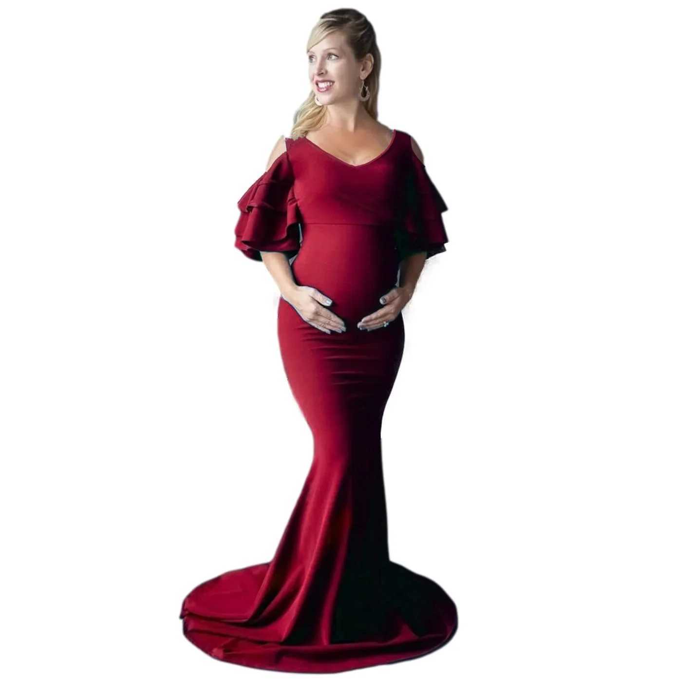 Materni Dresses for Photoshoot Women Mermaid Elastic Photography Gown Cold Shoulder Ruffle Sleeves Wedding Baby Shower DressXJ241213