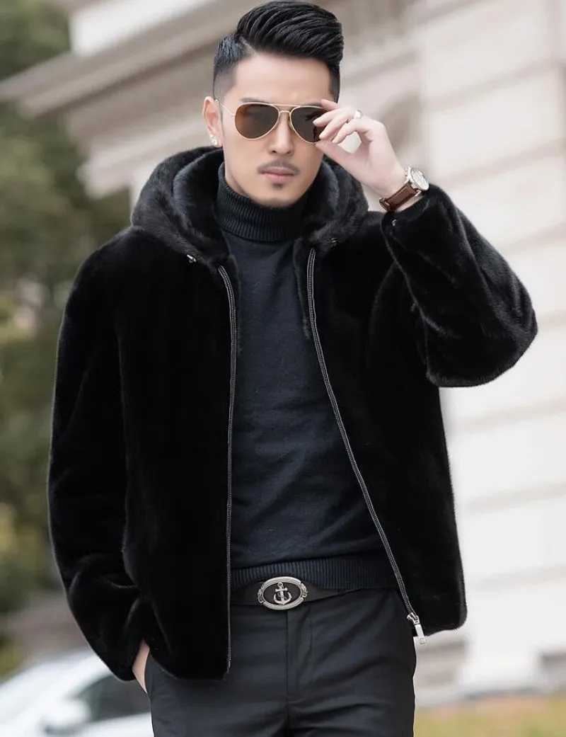 Autumn and winter mens faux fur coat Korean fashion ultra-thin clothing brown fluffy warm jacket casual mens top hot jacket LOOSE W241213