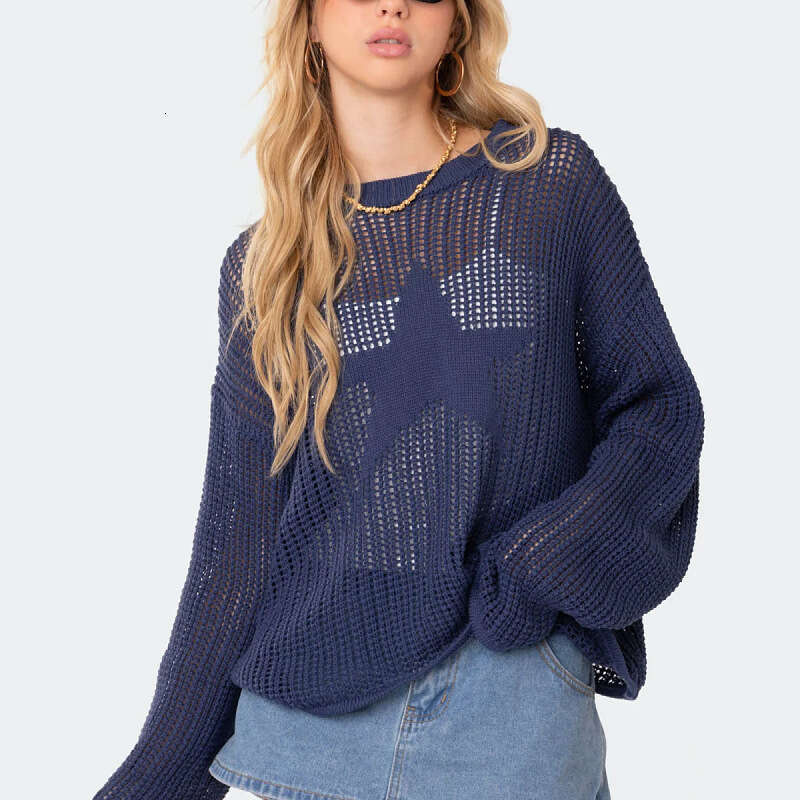 European and American new fashionable women's sexy hollow knitted cover design sense niche loose pullover sweater for women