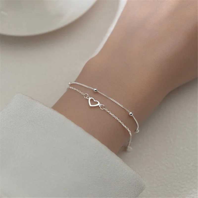 Round Bead Hollow Heart Hand Decorated Double Design Sweet 925 Silver Plated Chain Bracelet for Women Girls GiftsXJ241214