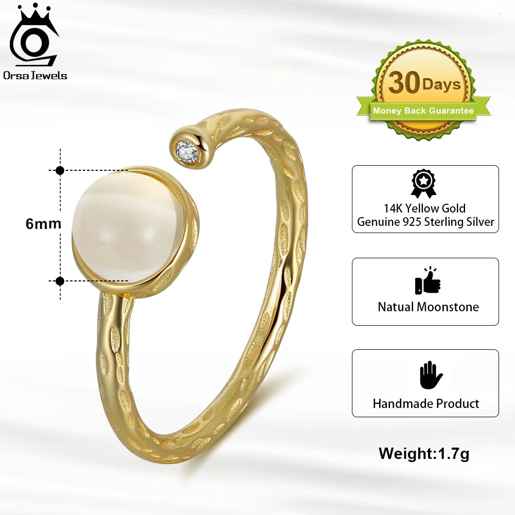 ORSA JEWELS Hammered Sterling Silver Handmade Adjustable Ring with 6mm Genuine Natural Moonstone Gemstone Jewelry for Girl GMR08 241214