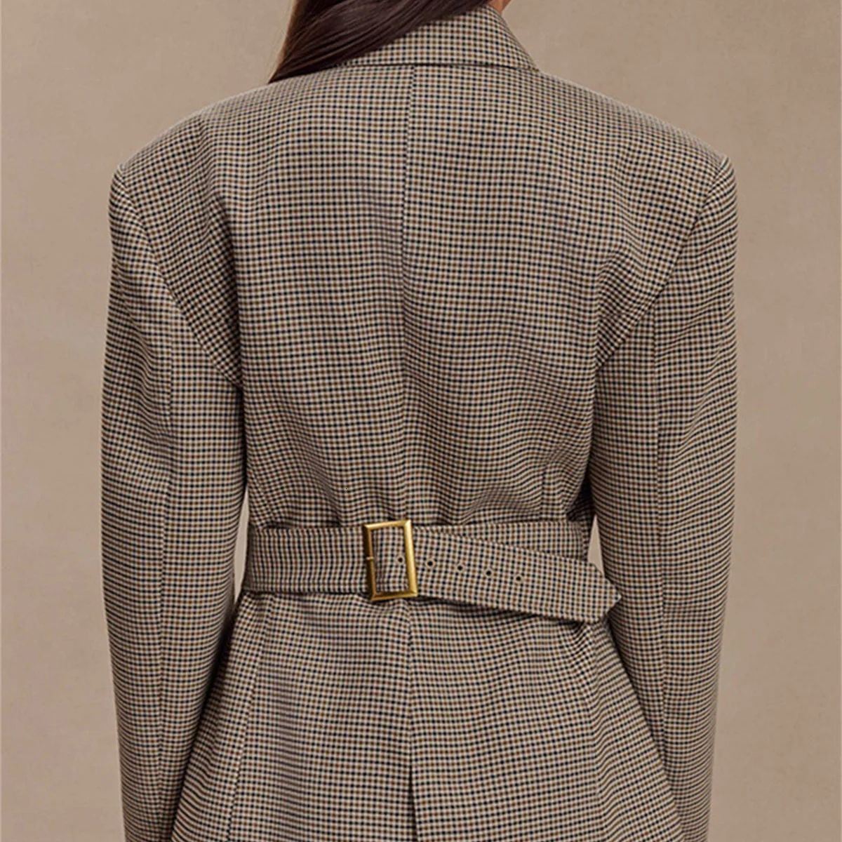 Women Fashion Plaid Lapel Coat Long Sleeved Vintage Slim Suit Jacket Single Breasted Fall Spring Coats Office Lady High Street