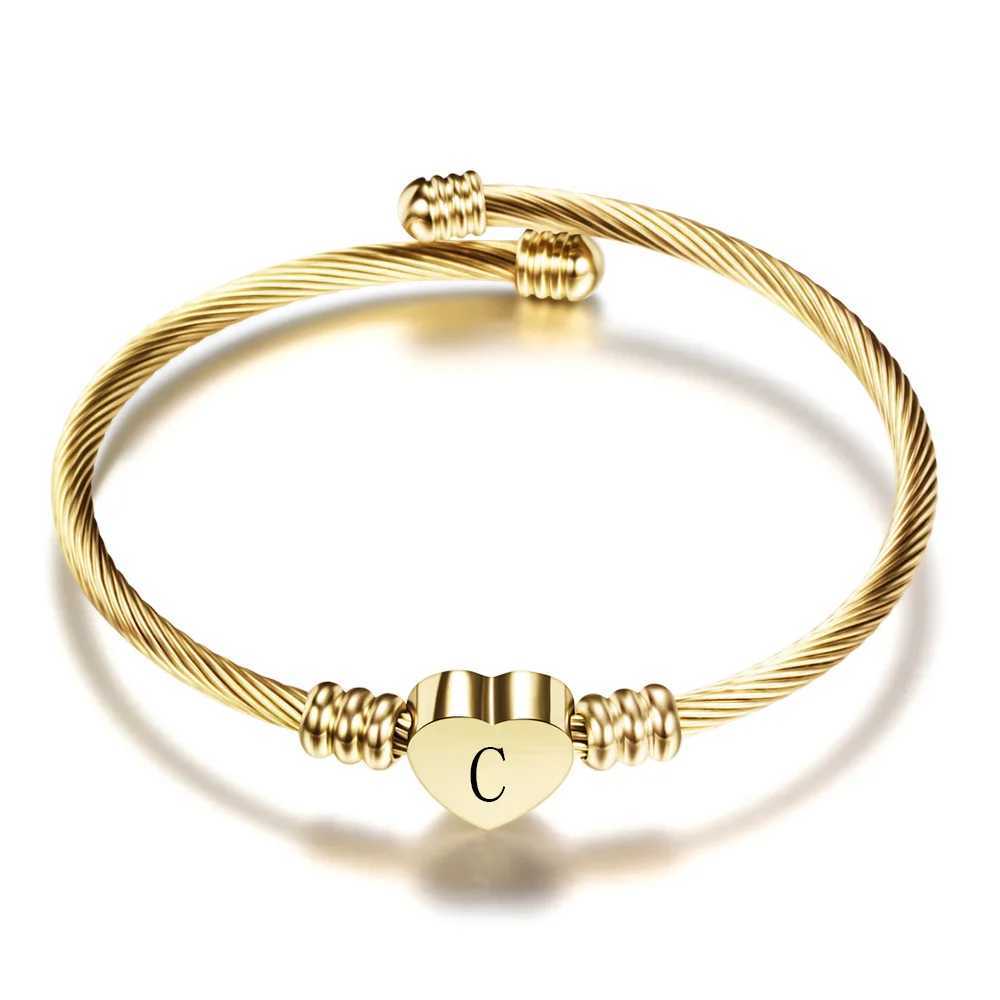 Initial Letter Stainl Steel Cuff Bracelet For Women 26 Alphabet Heart Charm Bangle Female Fashion Birtay Party JewelryXJ241214