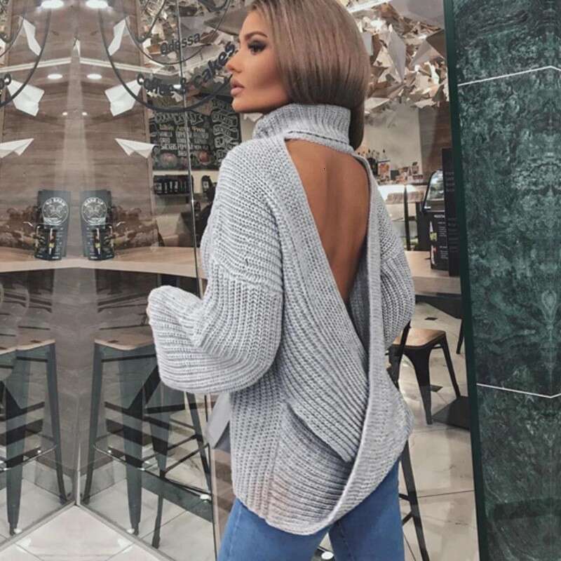 2024 European and American women's long sleeved sexy hot girl backless cross high neck outer knitted sweater top for women