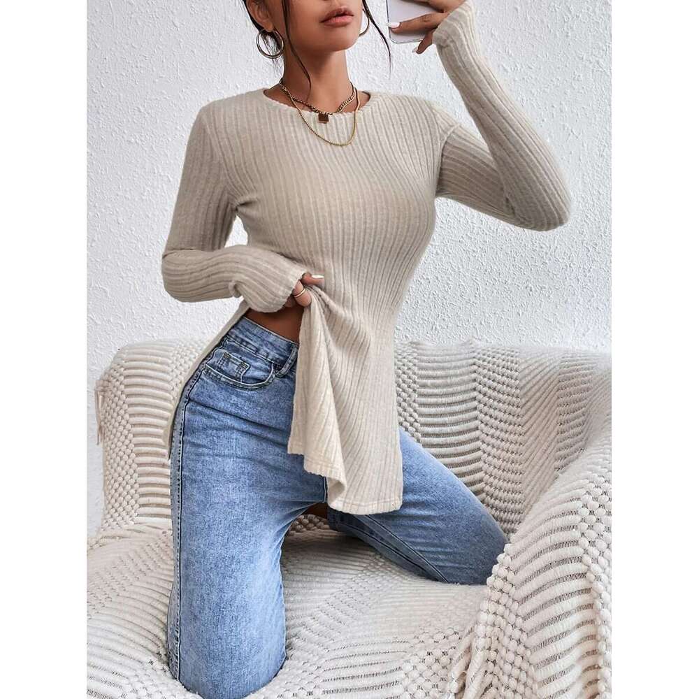 2023 autumn new hem double slit base slim fit pit stripe fleece T-shirt for women