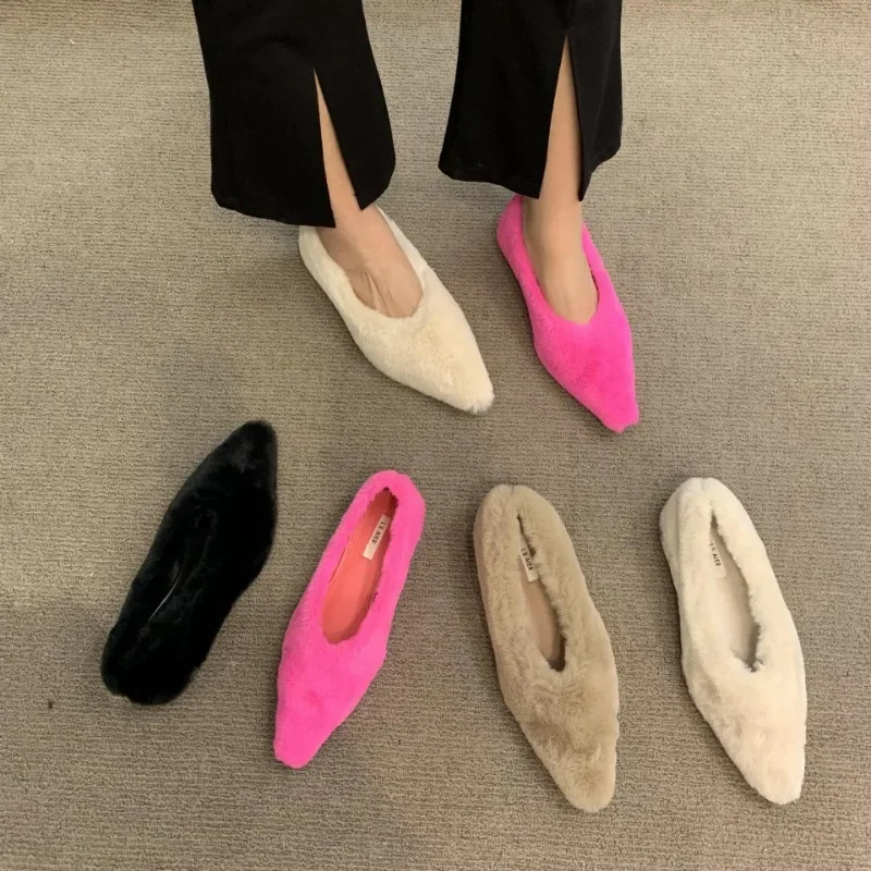 Pointed Toe Fur Ballet Flat Shoes Womens Shoes Winter Warm Plush Shallow Load Womens Comfortable Fur High Heels Dress Shoes Zapatos MUJI 241213